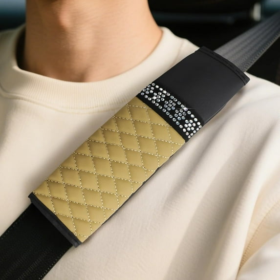 2 PCS Bling Car Seat Belt Cover Pad, Breathable Leather Seat Belt Covers for Cars, Soft Comfortable Seat Belt Shoulder Strap Covers, Rhinestone Auto Seat Belt Protector Cushion, Beige