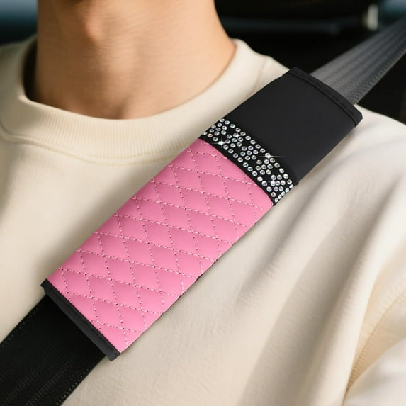 2 PCS Bling Car Seat Belt Cover Pad, Breathable Leather Seat Belt Covers for Cars, Soft Comfortable Seat Belt Shoulder Strap Covers, Rhinestone Auto Seat Belt Protector Cushion, Pink