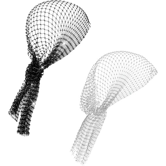 2 PCS Bling Rave Head Scarf, Rhinestone Mesh Headband, Glittering Wide Stretchy Headwraps for Women Rave Nightclub Party (Black, Silver)