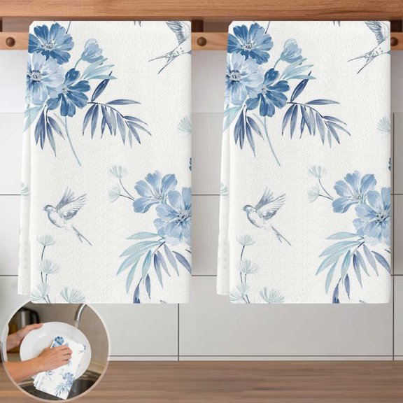 2 PCS Blue Flower Pattern Dish Cloth Set - 40x60cm Reusable Kitchen Cleaning Cloths, Absorbent, Lint-Free Towels for Dishwashing, Countertop Wiping, Home Cleaning