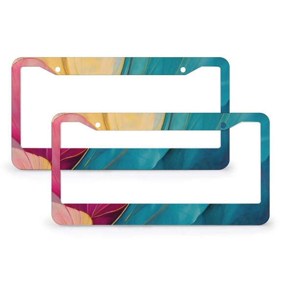 2 PCS Blue Turquoise Magenta And Yellow Abstract Painting License Plate Cover Gray Abstract with White Flowers And Leaves Customized Decor Car Tag Aluminum 2 Hole Funny Cute for USA Canada Vehicles