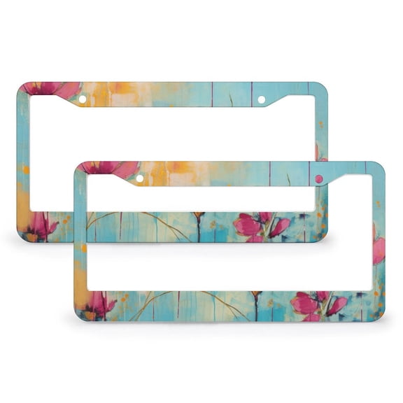 2 PCS Blue Turquoise Magenta And Yellow Abstract Painting License Plate Frames Floral Bouquet Botanical Plant Nature Leaves Bloom Wild Flowers License Plate Cover Frame Quality Aluminum Fits All Car