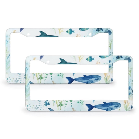 2 PCS Blue Whale Cute Cartoon License Plate Frames Nautical Theme Sea Coastal Personalized License Plate Frame Aluminum Metal 2 Holes for Us Standard Vehicles