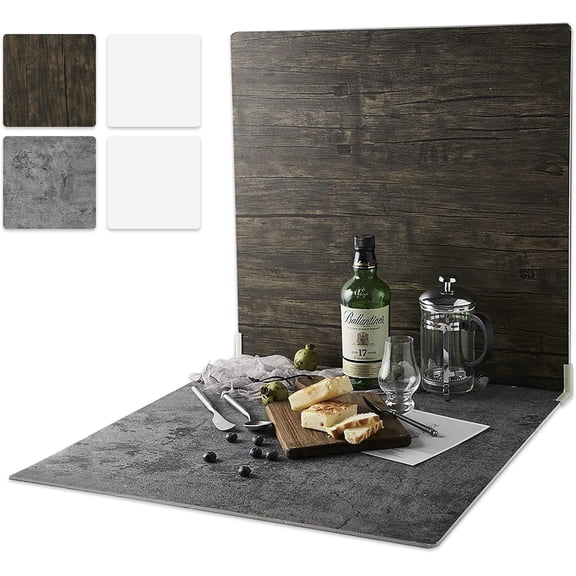 2 PCS Boards Photo Backdrop for Flat Lay, Food Photography Background 24x24 Inch, (Black Walnut+Dark Gray)