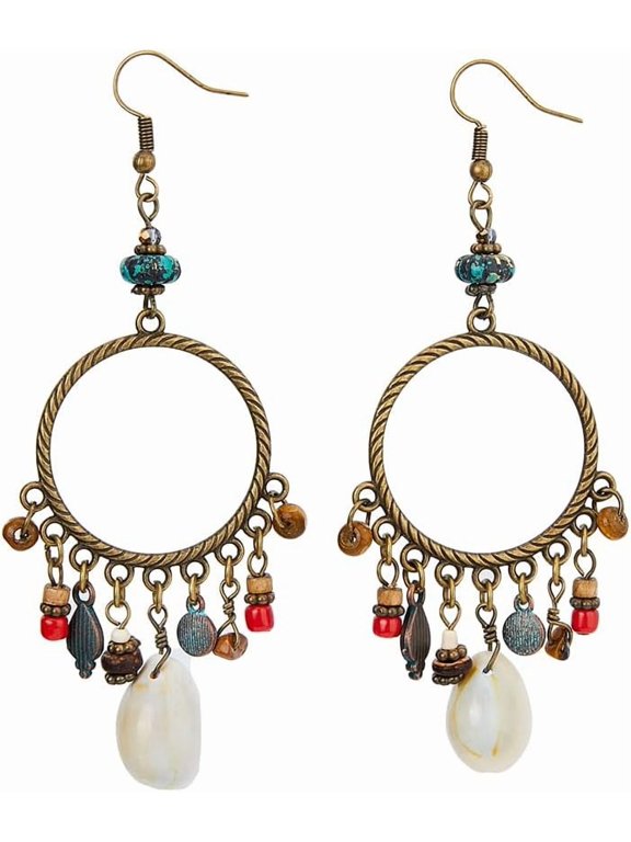 2 PCS Boho Dangle Earrings Beaded Tassel Earrings Tibetan Hoop Ear Vintage Beaded Earrings Fringe Drop Earrings Retro Ethnic Tassel Earrings Jewelry