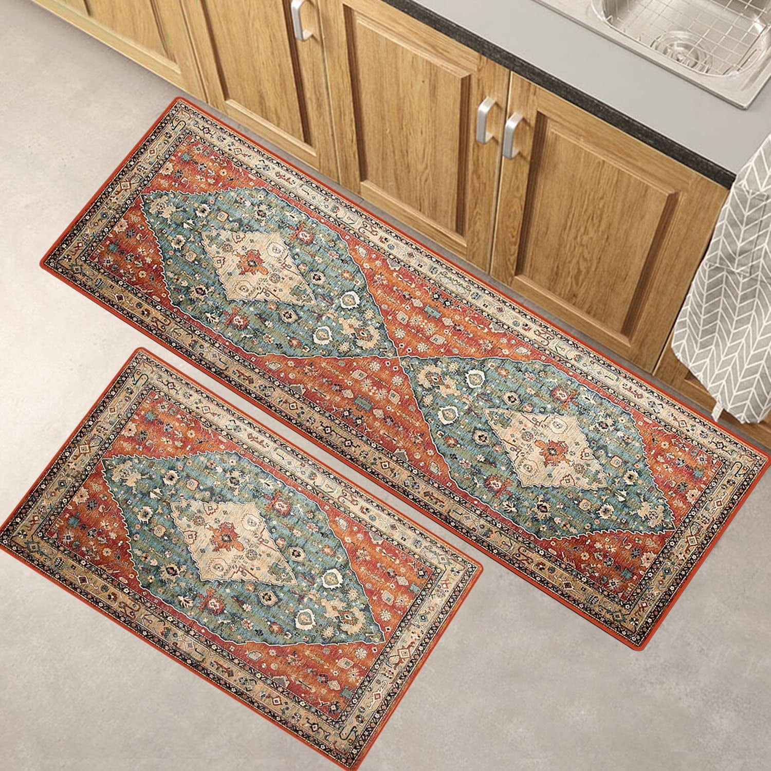 2 PCS Boho Kitchen Rug and Mat, Super Non-Slip Kichen Mats, Kitchen ...