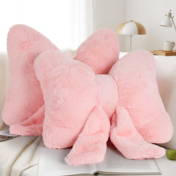 2 Pack Pink Bow Pillows - Plush Soft Accent Cushions for Bedroom, Sofa & Office Chair Decor, Elegant Bow-Shaped Throw Pillows