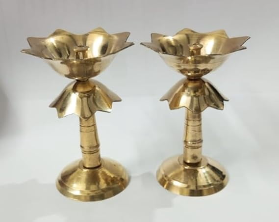 2 PCS Brass Oil LAMP Flower Design Diya Diwali Item