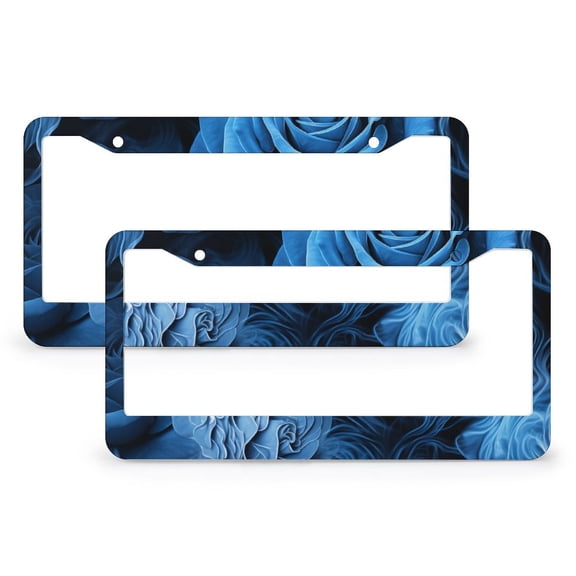 2 PCS Burning Blue Rose-4 License Plate Frames Flower Floral Leaf Buds Customized Decor Car Tag Aluminum Metal 2 Holes for US And CA