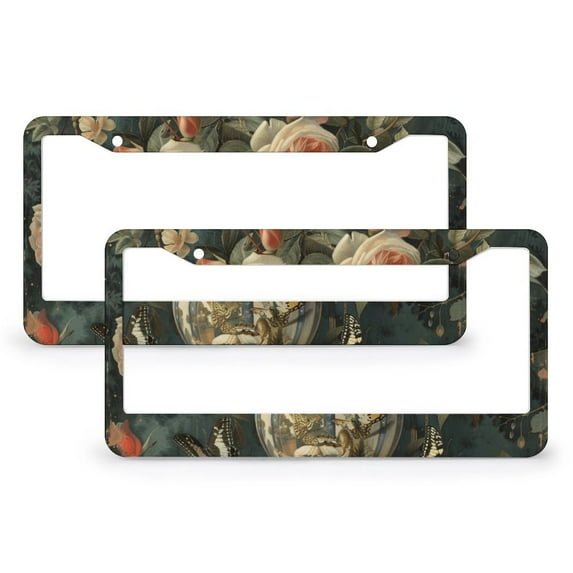 2 PCS Butterflies with Roses in A Vase License Plate Cover Hello Spring Rose Flower Car License Plate Frame Quality Aluminum 2 Holes for US Standard Vehicles for Women Men