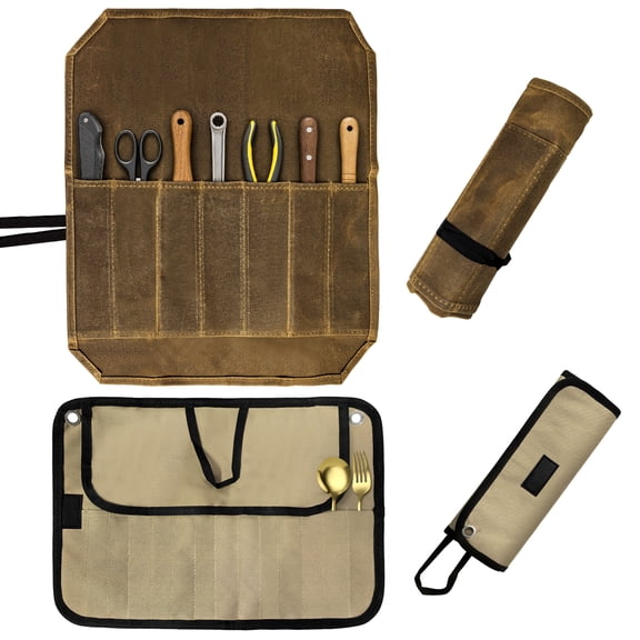 2 PCS Camping Utensil Bags, Canvas Roll Up Cutlery Organizer and Waxed Cutter Pouch, Portable Hanging Tableware Storage Bags for Picnic Cooking Tools, Outdoor Kitchen, RV Trips