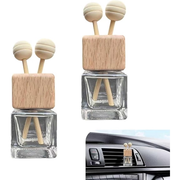 2 PCS Car Diffuser Air Freshener Bottles, Refillable Empty Glass Essential Oil Diffuser Vent Clip & Wooden Caps Sticks, Universal Aromatherapy Diffusers for Most Vehicles (Square)