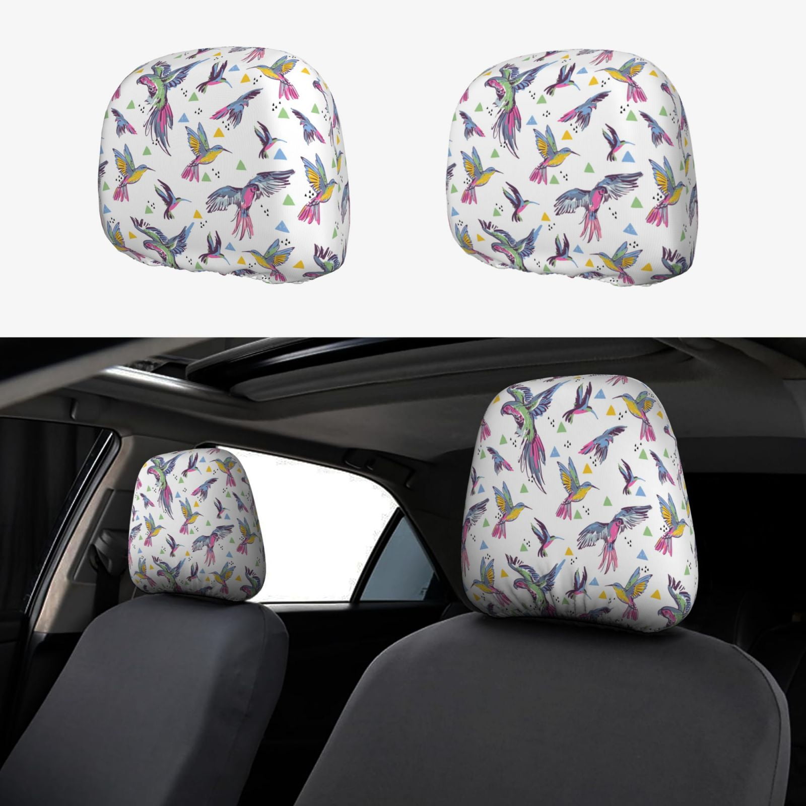 View of 2 PCS Car Headrest Cover, Hand Drawn Colorful Cute Parrot Soft Car Seat ...