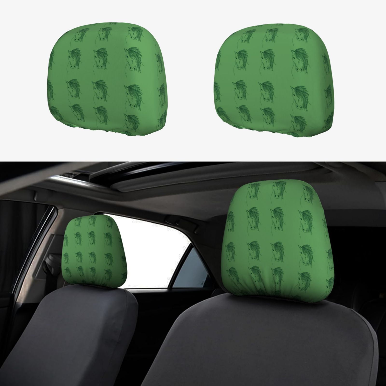 2 PCS Car Headrest Cover, Lines Long Sideburns Horse Green Soft Car