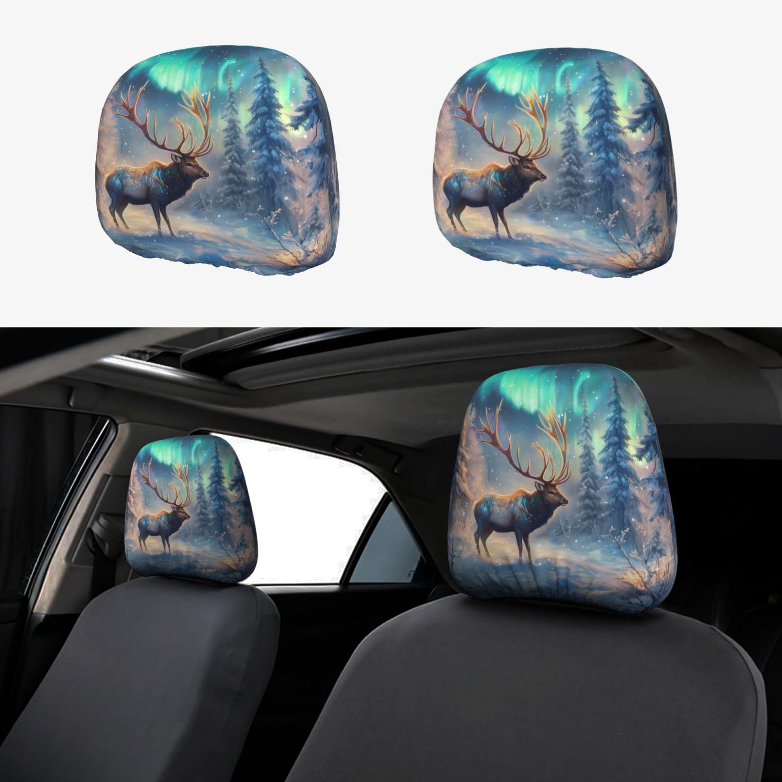2 PCS Car Headrest Cover, Northern Lights Winter Elk Soft Car Seat Head