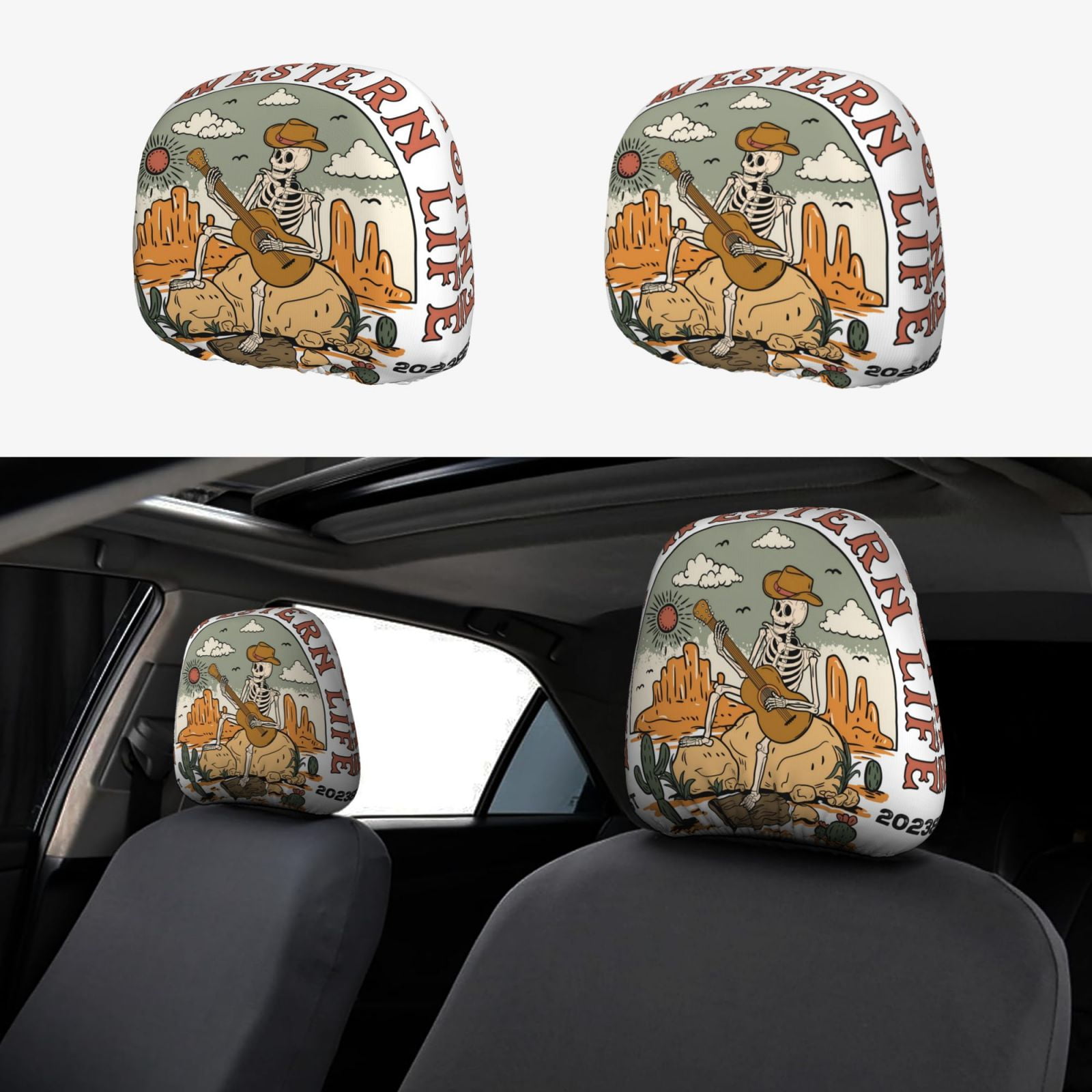 2 PCS Car Headrest Cover, Skeleton Cowboy And Guitar Soft Car Seat Head