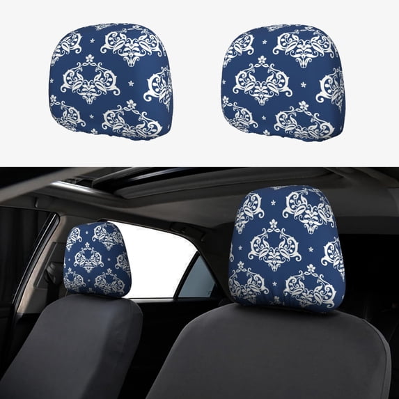 2 PCS Car Headrest Cover, Traditional vintage navyblue print Soft Car Seat Head Rest Cover Protector Interior Car Accessories Seat Covers for Cars Truck Auto Only Covers