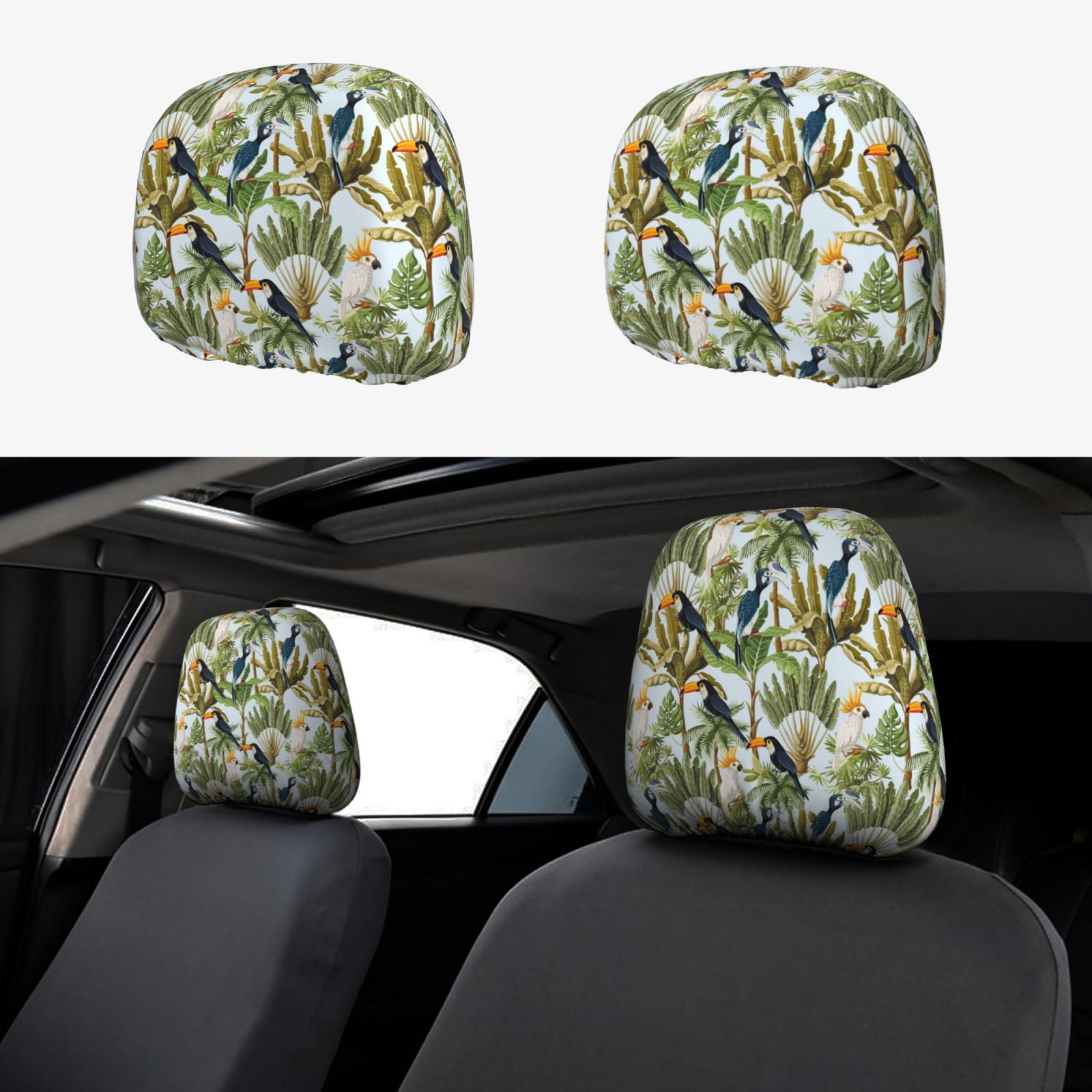 Picture of 2 PCS Car Headrest Cover Tropical Cute Parrot Toucan Breathable ...