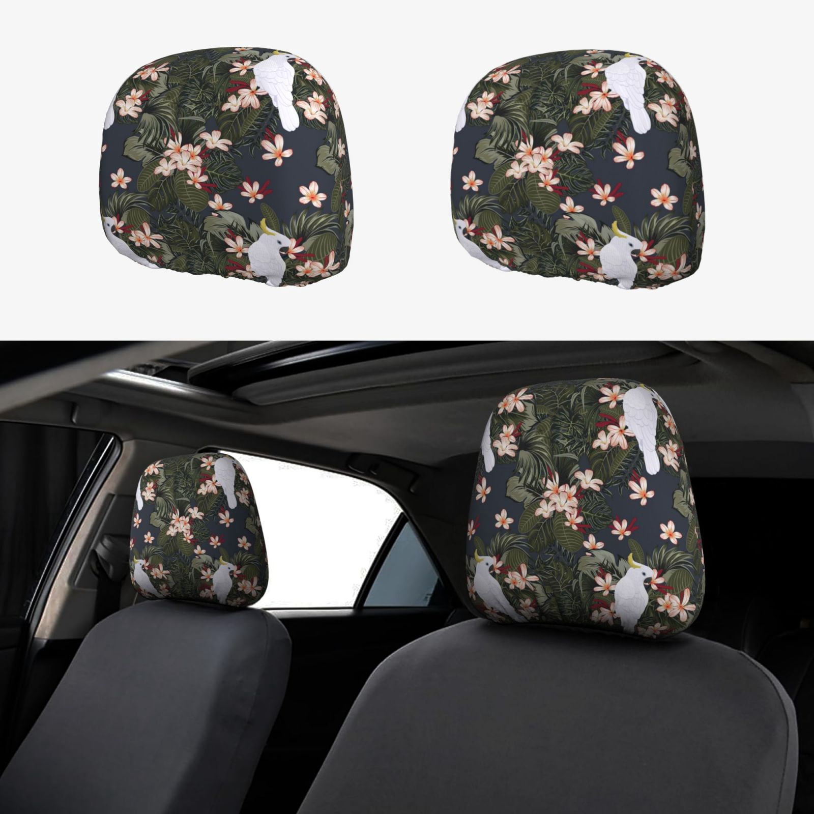 Visual Reference: 2 Pcs Car Headrest Cover White Cute Cockatoo Parrot Plant