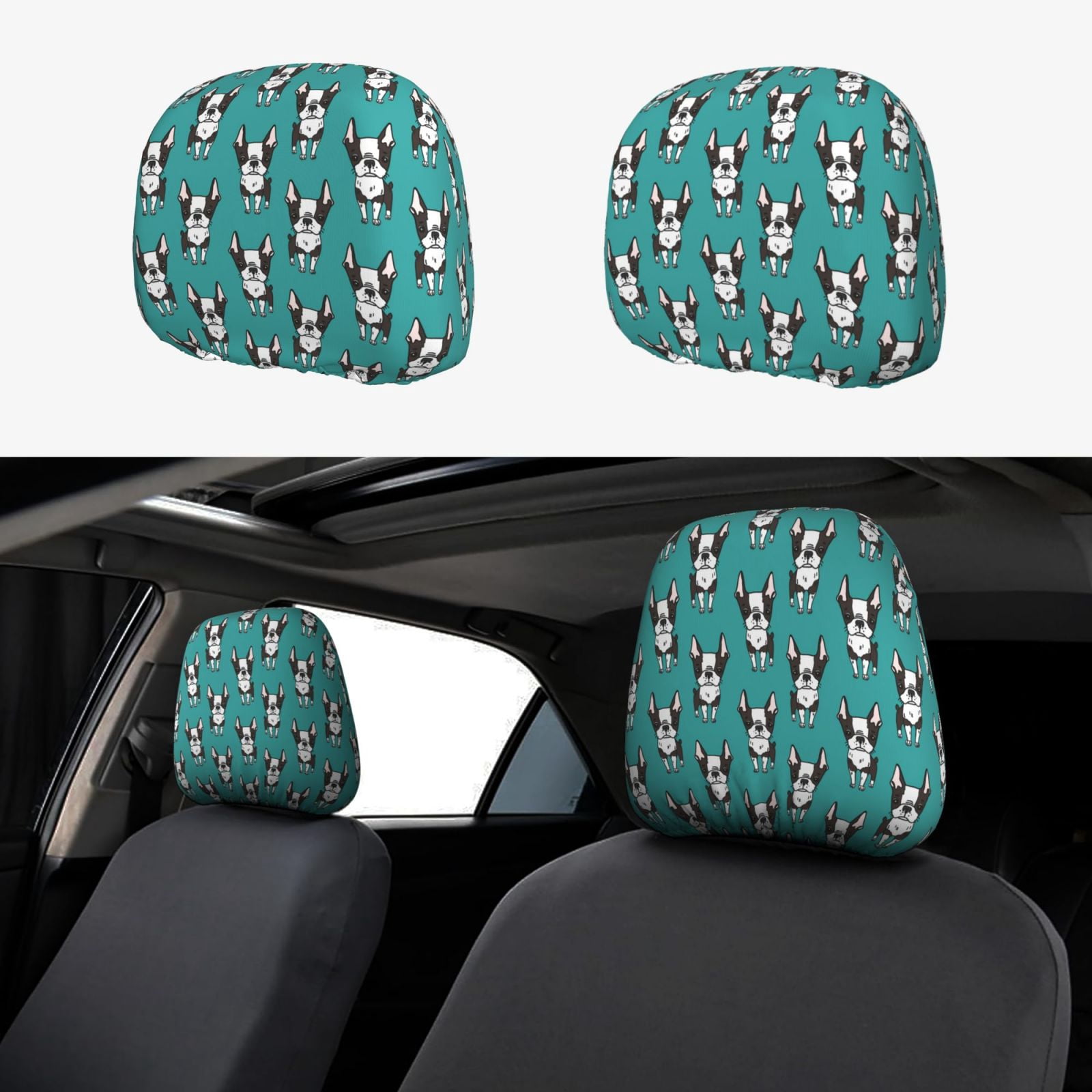 Curated visual reference: Pet Car Seat Cover With Headrest Reference: 2 Pcs Car Headrest Cover Cute Boston Terrier Dogs Puppies