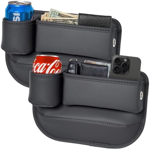 2 PCS Car Seat Gap Filler Organizer, PU Leather Side Console Storage with Cup Holder, Car Extra Compartments for Cans Phones Keys Wallets, Easy Wipe Clean, Universal Fit