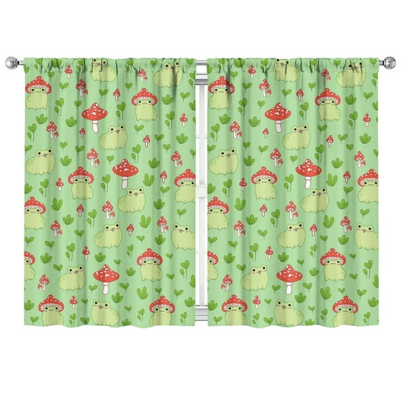 2 PCS Cartoon Frog Print Kitchen Curtains, Green Frog & Plant Pattern Semi-Sheer Tier Panels, 42x63 Inch Set of 2 with Rod Pocket, Nature Forest Theme