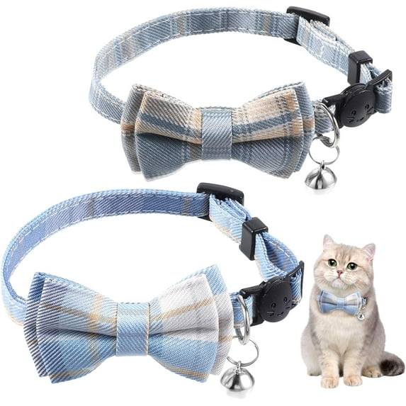 2 PCS Cat Collar Bow Tie, Plaid Dog Collar Bowtie, Breakaway Cute Collar with Bells, Adjustable Bowtie Collars for Cats Kitten Puppy Small Pets