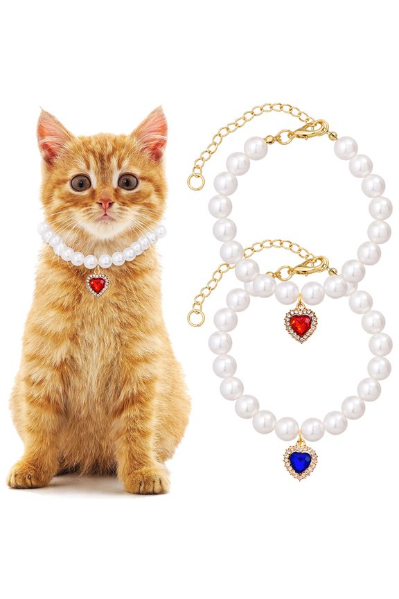 2 PCS Cat Dog Pearl Collar, Small Heart Shape Rhinestone Cute Cat Collar Necklace Adjustable for Wedding Party Pet Jewelry Accessories Puppies Kitten(Pink M)