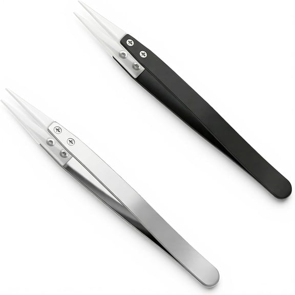 2 PCS Ceramic Tweezers, Stainless Steel Precision Ceramic Tweezers for Repair, Pointed Heat Resistant Small Tweezer for Electronic Repair, DIY Crafts(Black, Silver)