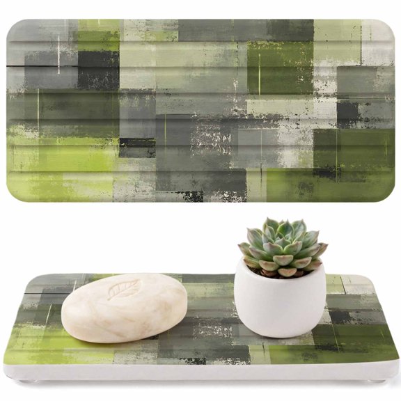 2 PCS Chartreuse Block Water Absorbent Diatomite Coasters Abstract Minimalist Olive Wash Ink Splatter Non-silp Diatomite Stone Sink Tray with Grooved Design for Bathroom Kitchen Counter 8.3x4in