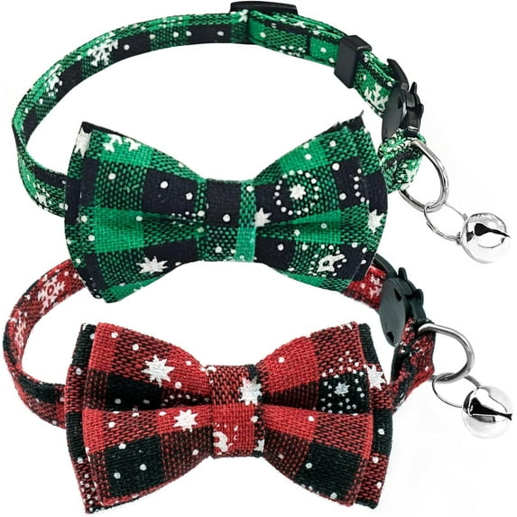 2 PCS Christmas Cat Collar with Bow Tie and Bell Breakaway Cute Christmas Adjustable Cat Bow Tie Collar for Kitten Puppy