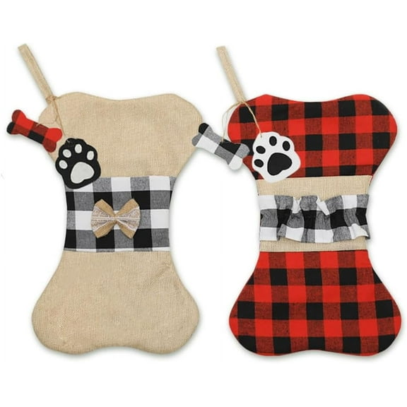 2 PCS Christmas Stockings Set for Pet Dog Cat, 18'' Red Black Buffalo Plaid Christmas Stockings Hanging Ornaments Soft Bow Paw Xmas Stockings Fireplace Hanging Stockings for Christmas Xmas Gift