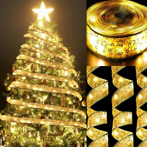 2 PCS Christmas Tree Ribbon String Lights,13FT 40 LED Battery Powered Christmas String Lights for Christmas Tree, Party Decoration Indoor Outdoor Hanging Decorations