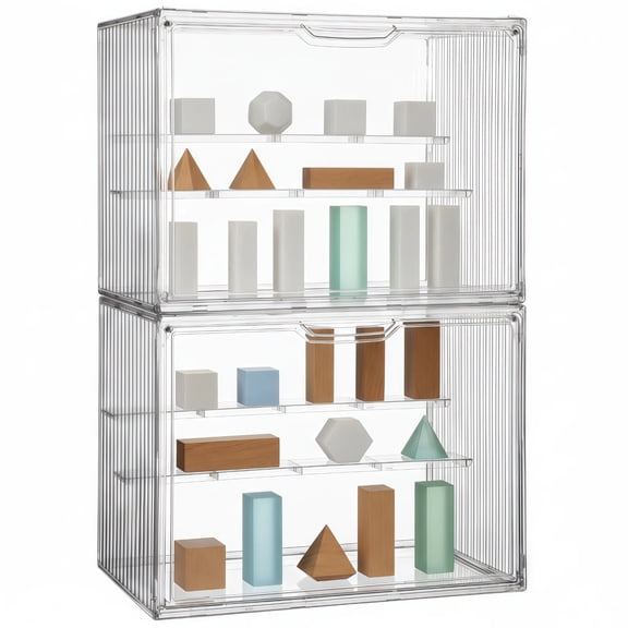 2 PCS Clear Plastic Figurine Display Case, 4 Layers Stackable Display Box with Shelves for Collectibles, Adsorptive Front Opening Dustproof Display Cabinet for Figures Models Souvenirs