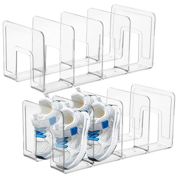 2 PCS Clear Small Shoe Racks, 4 Slots Plastic Shoe Organizer for Little Ones, Space-Saving Shoe Storage for Entryways, Closets, Shelves, Includes Anti-Slip Pads, Small Footwear Display