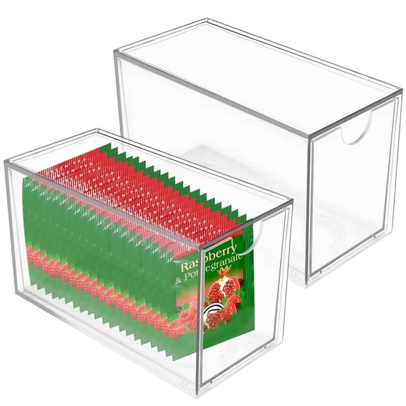 2 Pack Stackable Tea Bag Storage Drawers - Clear Pull-Out Plastic Organizer Box for Kitchen Countertop, Office | Space-Saving Drawer for Makeup, Small Items, 6.5 x 4 x 3