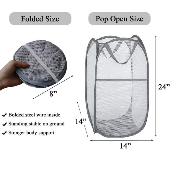 2 PCS Collapsible Mesh Pop Up Laundry Baskets with Wide Opening and Side Pocket – Laundry Hamper, Breathable, Sturdy, Foldable, and Space-Saving Design for Clothes and Storage (Gray)