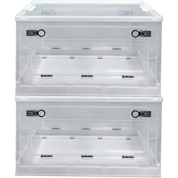 2 PCS Collapsible Storage Bins, 80L Plastic Storage Bin Organizing Container with Lid and 4 Wheels, Clear Folding Plastic Container, Storage Organizer Five Doors with Secure Latching Buckles