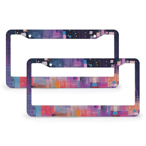 2 PCS Colorful Squares Abstract License Plate Frames Colorful Geometry Style License Plate Frame License Plate Shield Frame Aluminum Metal 2 Holes Funny Cute for USA Canada Vehicles