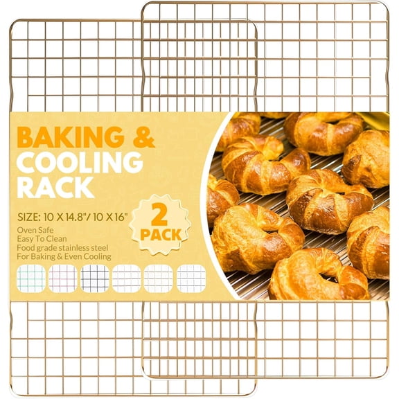 2 PCS Cooling Racks for Cooking and Baking, 14.8x10 Inches Stainless Steel Cooling Rack, Sheet Pan with Wire Rack for Baking Sheet, Bacon Rack Oven Safe Fits Jelly Roll Sheet Pan 10‘’x14.8‘’-Gold