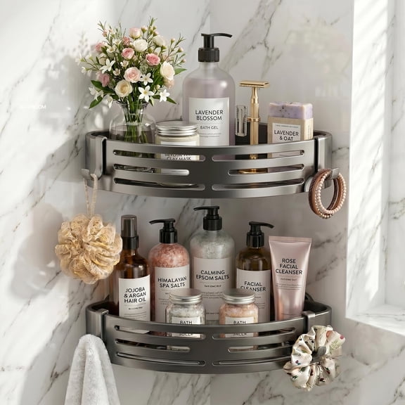 2 PCS Corner Shower Caddy Suction Cup, Rustproof Aluminum Shower Shelves with Hooks, No-Drilling Upgrade Bionic Suction Cup Shower Organizer, Removable Bathroom Storage Corner Shelf (Grey)