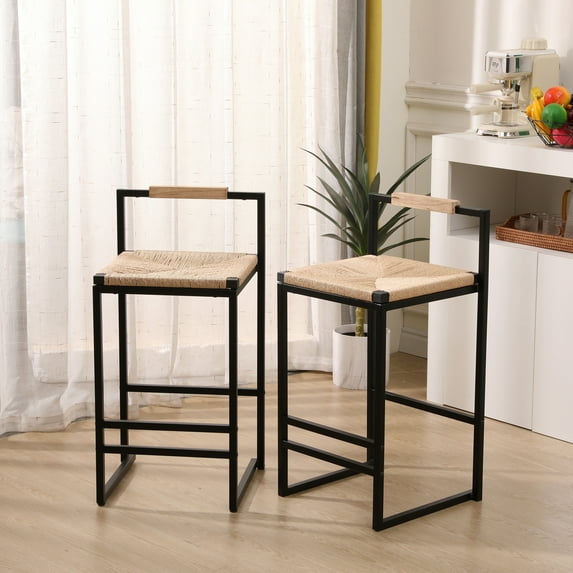 2 PCS Counter Height Bar Stools, Paper Rope Woven Cushion Barstools with Metal Footrest, Bar Height Stools with Backrest and Armless for Kitchen, Home and Living Room