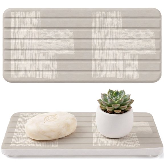 2 PCS Cream Overlay Blocks Water Absorbent Diatomite Coasters Abstract Minimalist Beige Line Art Non-silp Diatomite Stone Sink Tray with Grooved Design for Bathroom Kitchen Counter 8.3x4in