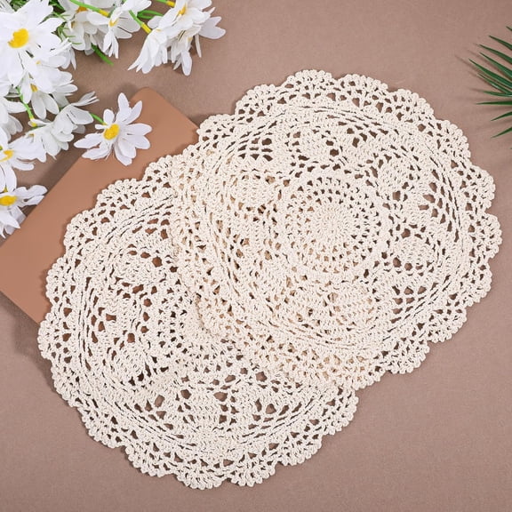 2 PCS Crochet Doilies, Beige Handmade Crochet Doilies Cotton Table Cloth Lace Doilies Round Lace Tablecloths Crochet Placemat for Rustic Table Decor, Kitchen Dining Wedding Party, 12 Inch