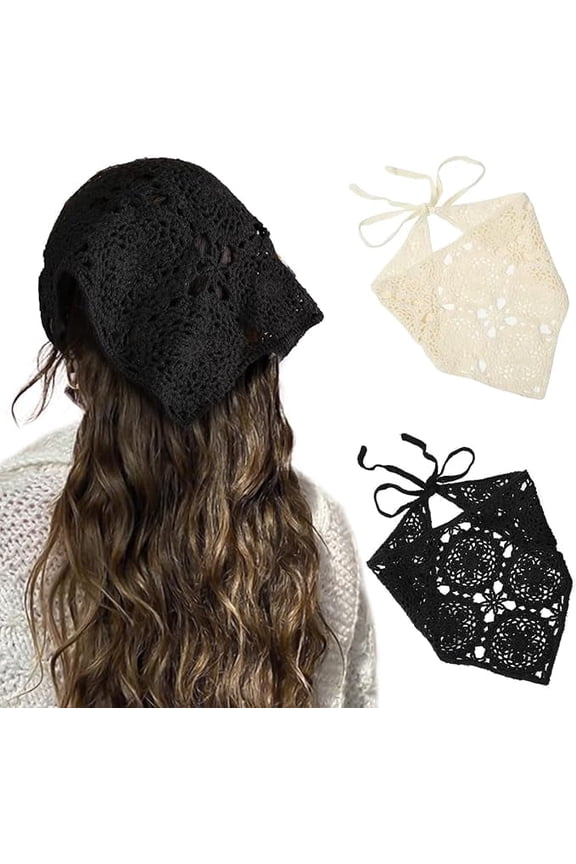 2 PCS Crochet Hair Bandanas, Floral Daisy Headscarf Set for Women, Vintage Tie Back Head Kerchief Scarf for Daily Outfits and Travel