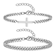 2 PCS Cross Silver Bracelet Stainless Steel Non Tarnish Adjustable Cuban Chain Festival Gift for Men