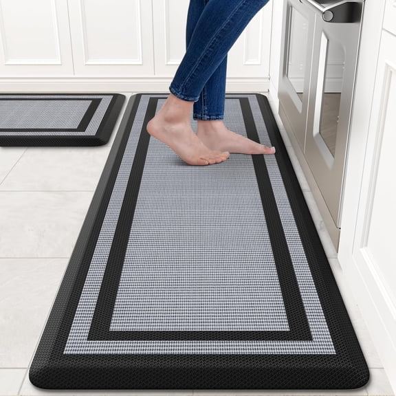 2 PCS Cushioned Anti-Fatigue Kitchen Mats for Floor Waterproof Kitchen Rug Set Non-Slip Comfort Standing Mat for Office, Sink, Laundry 17.3"29"+17.3"47",Black