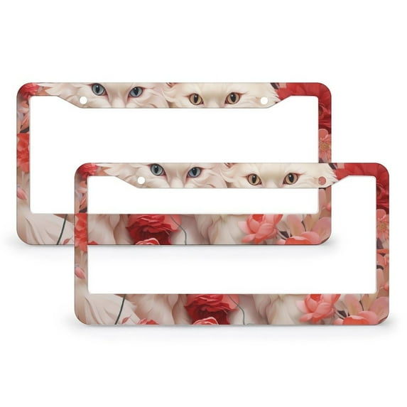 2 PCS Cute Cats In Pastel Pink And Red Floral License Plate Frame Cat Lady Pet Lover License Plate Cover Front Plates Frames Car Tag Frame Quality Aluminum Metal 2 Hole Gift for Dad