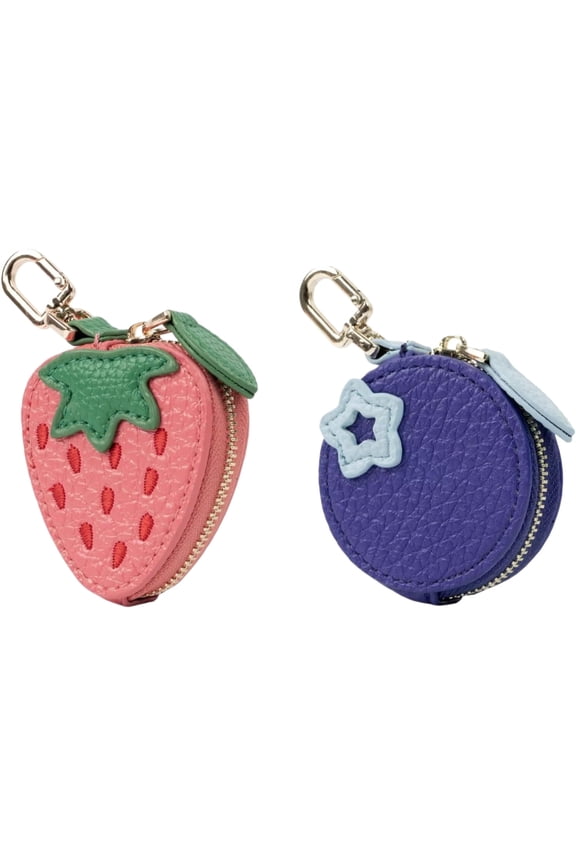 2 PCS Cute Fruit Coin Purse Bag Charm,Mini Leather Coin Change Purse & Pouch Holder Keychain Charm for Handbag Tote Wallet Airtag Accessories,Fruit Bag Charms for Girl Women(Strawberry+Blue berry)