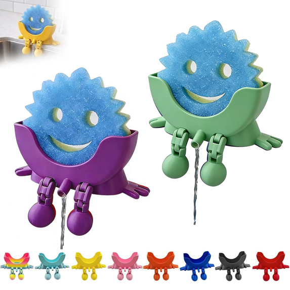 2 PCS Cute Hanging Sponge Holder with Drainage, 2026 New Sponge Holder with Drainage Featuring Legs and Open Draining Design, 3D Printing Countertop Sponge Holders for Kitchen Sink (Purple&Green)